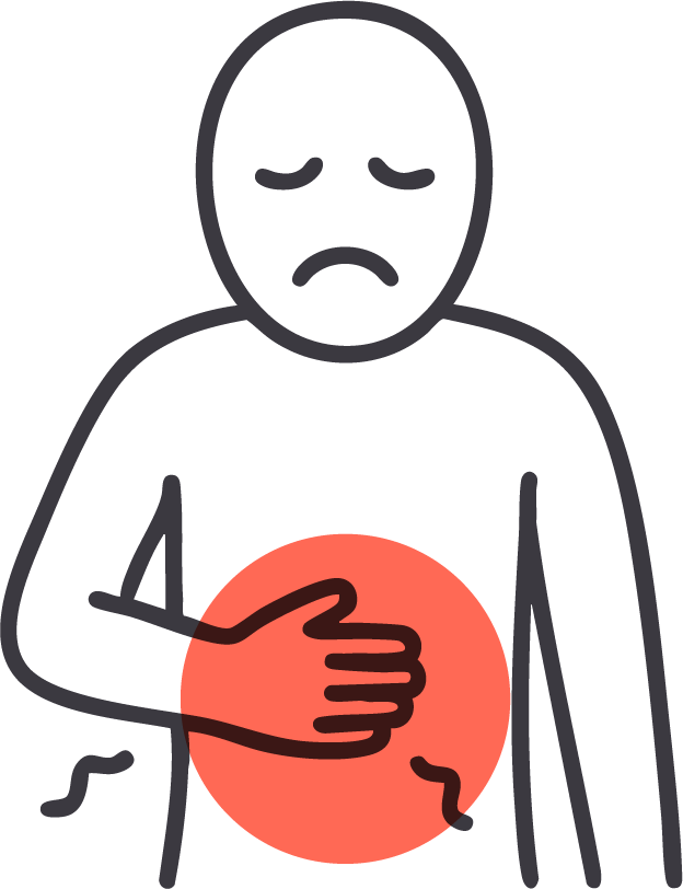 Person holding stomach, expressing discomfort.