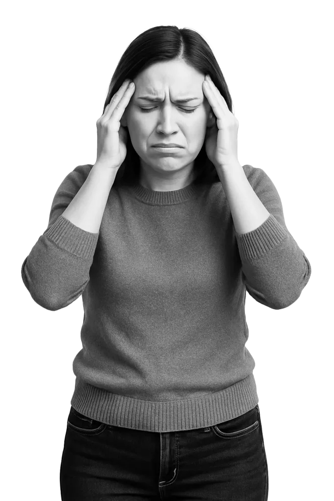 Person holding head, expressing discomfort.