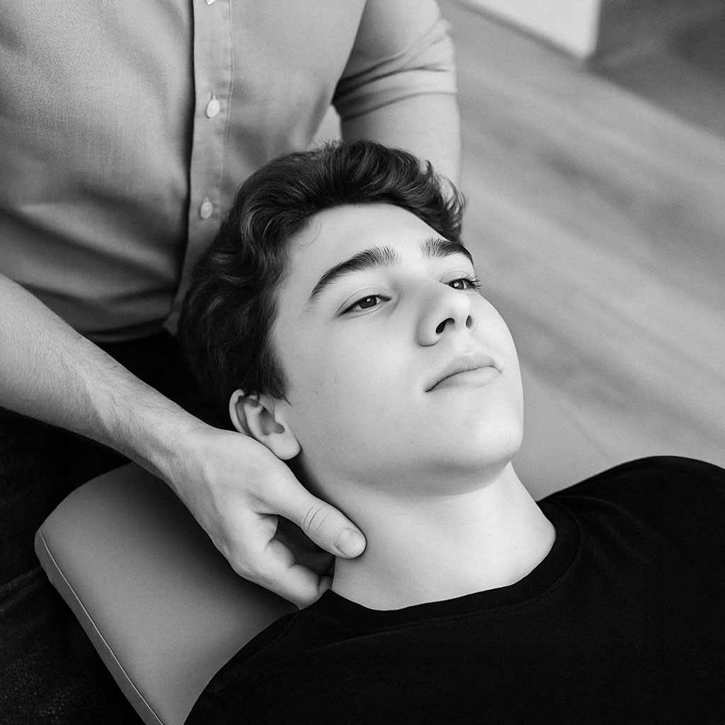 Person receiving a neck adjustment.