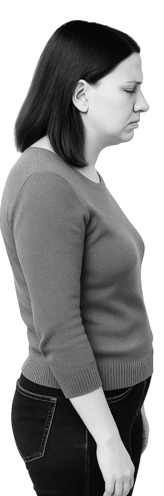 Woman in gray sweater, side profile.
